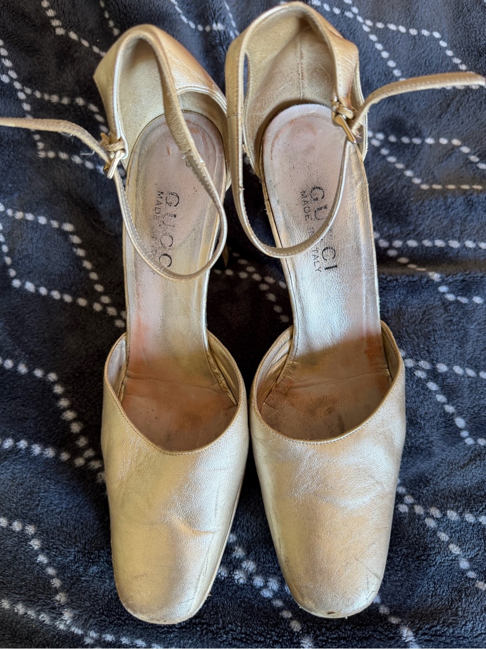 Gucci Metallic Gold Leather Ankle-Strap Pumps